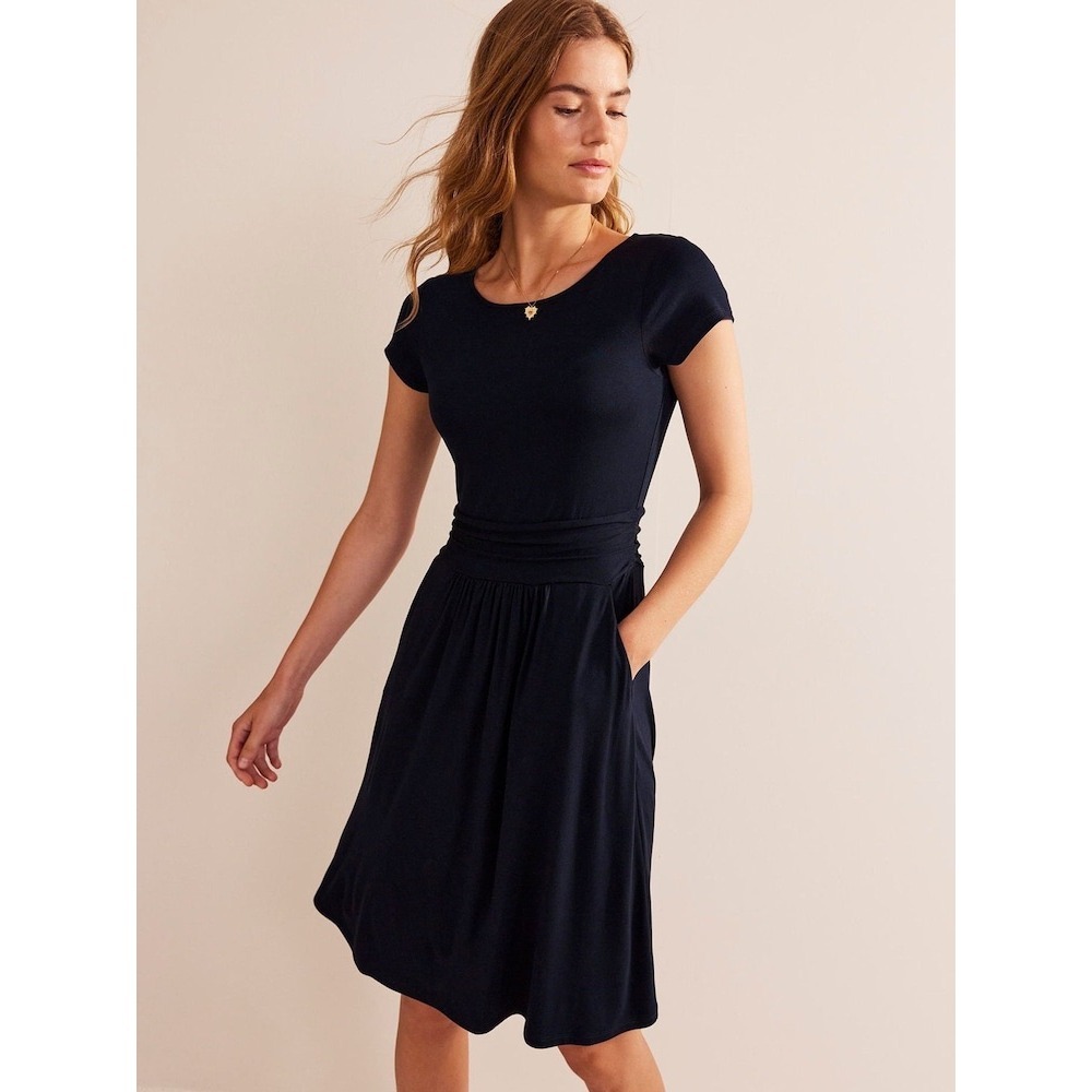 Boden Amelie Stretch Jersey Dress Navy Blue Ruched Waist Pockets 6 Lagenlook